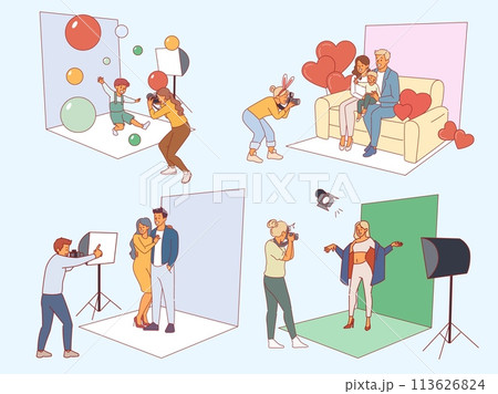 People take pictures in photo studios. Family, romantic and model shooting, professional photographers at work, memory frames, posing man and women, cartoon flat isolated illustration vector set 113626824