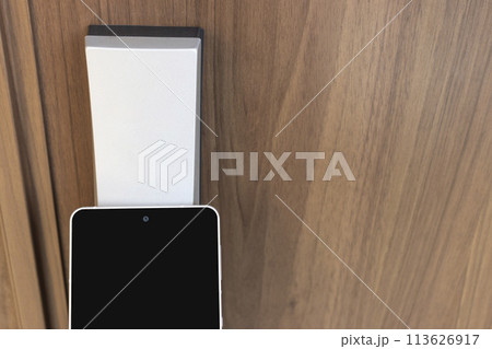 スマートフォンでドアのカギを開錠するイメージ スマートフォンでドアのカギを開錠するイメージ 113626917