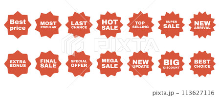 Collection of starbust badge label for sale promotion. Red silhouette stickers set with text. Collection of starbust badge label for sale promotion. Red silhouette stickers set with text. 113627116