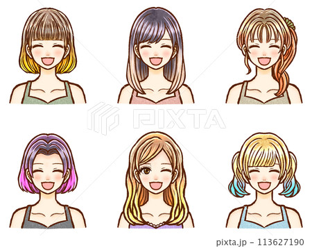グラデーションカラーヘアの大人女性のイラスト素材セット2 113627190