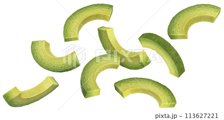 Falling avocado slices isolated on white background with clipping path, full depth of field 113627221