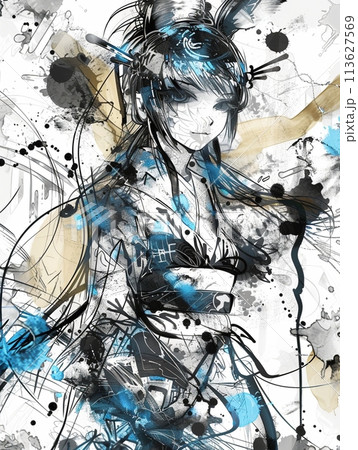 未来的な巫女とインクスプラッシュの墨絵アート 113627569
