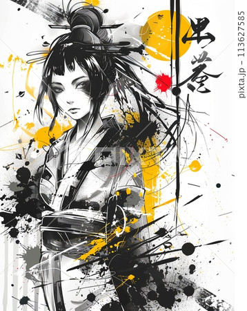 未来的な巫女とインクスプラッシュの墨絵アートのイラスト素材