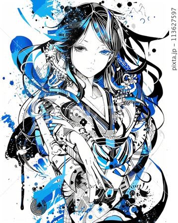 未来的な巫女とインクスプラッシュの墨絵アート 未来的な巫女とインクスプラッシュの墨絵アート 113627597