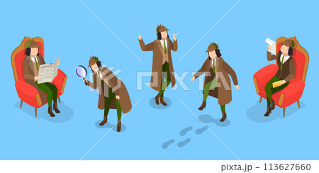 3D Isometric Flat Vector Set of Funny Detective Characters, Investigating Agency 113627660