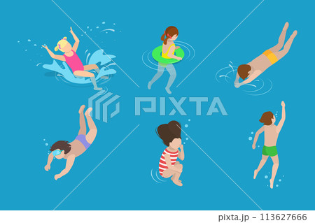 3D Isometric Flat Vector Set of Children Snorkeling, Kids Swimming Lessons 3D Isometric Flat Vector Set of Children Snorkeling, Kids Swimming Lessons 113627666