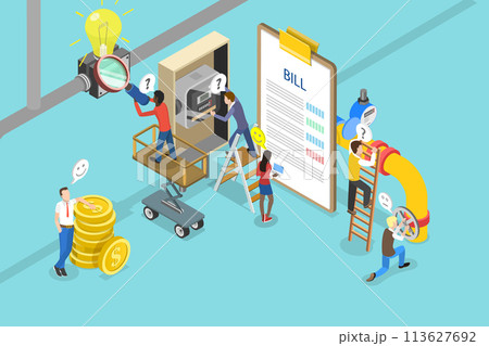 3D Isometric Flat Vector Illustration of Payment Of Utility Bills, Electricity Consumption 3D Isometric Flat Vector Illustration of Payment Of Utility Bills, Electricity Consumption 113627692