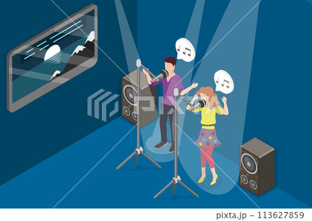 3D Isometric Flat Vector Illustration of People at Karaoke Party, Amateur Singers 113627859