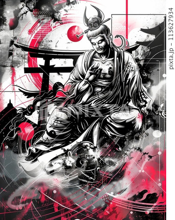 鮮やかな墨のコントラストに包まれる未来的観音菩薩の水墨画アートの