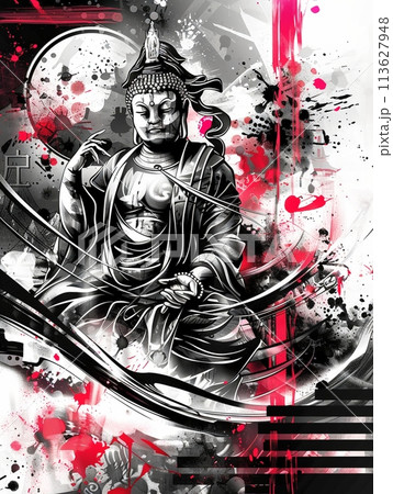 鮮やかな墨のコントラストに包まれる未来的観音菩薩の水墨画アート 113627948