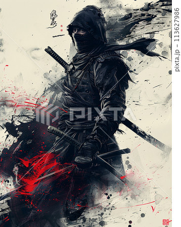 カラフルな色の飛沫に包まれた忍者戦士の水墨画アート 113627986