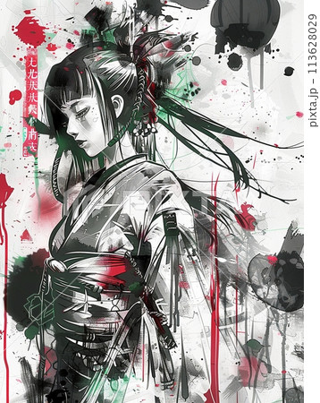 未来的な巫女とインクスプラッシュの墨絵アートのイラスト素材