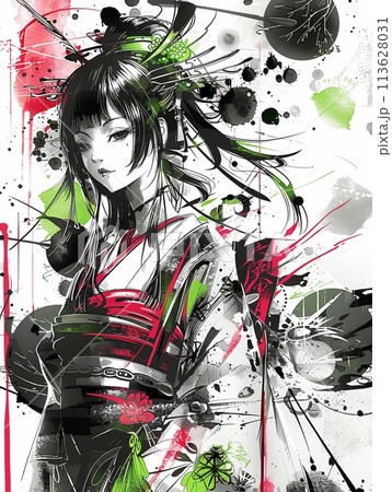 未来的な巫女とインクスプラッシュの墨絵アートのイラスト素材