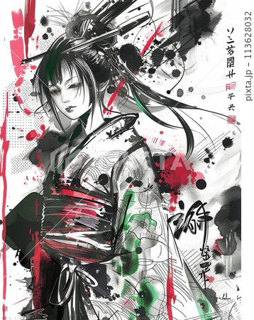 未来的な巫女とインクスプラッシュの墨絵アートのイラスト素材