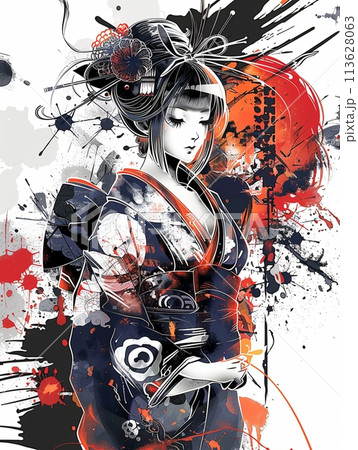 未来的な巫女とインクスプラッシュの墨絵アート 未来的な巫女とインクスプラッシュの墨絵アート 113628063