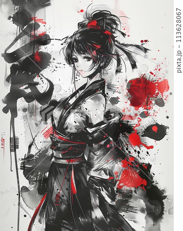 未来的な巫女とインクスプラッシュの墨絵アートのイラスト素材