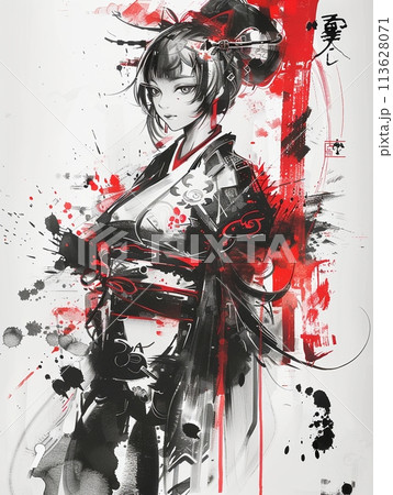 未来的な巫女とインクスプラッシュの墨絵アート 113628071
