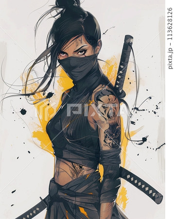 女性忍者の視線: 黒と黄色の墨による墨絵アート 113628126
