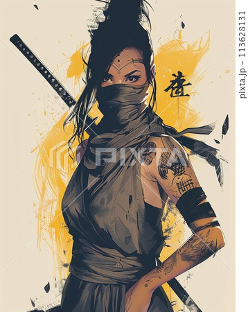 女性忍者の視線: 黒と黄色の墨による墨絵アート 113628131