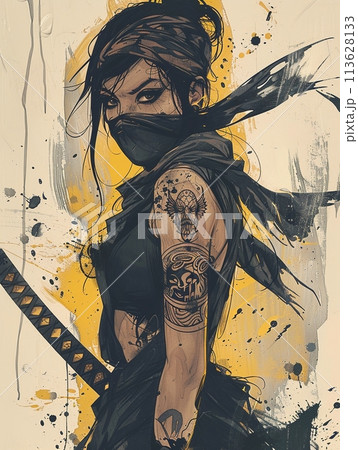 女性忍者の視線: 黒と黄色の墨による墨絵アート 113628133