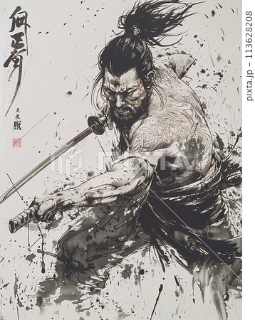 活動的な墨絵スタイルの侍戦士アートのイラスト素材 [113628208] - PIXTA