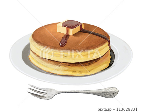 ホットケーキ（バター黒蜜）皿、フォーク付きのイラスト素材