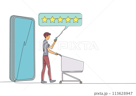 Continuous one line drawing happy man walked out of large smartphone while pushing a shopping trolley. 5 stars rating review. E commerce. Review to seller. Single line draw design vector illustration 113628947