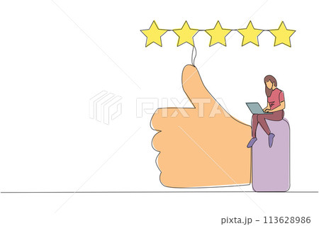 Single one line drawing young smiling woman sitting on thumbs up typing on laptop computer. Happy satisfied woman giving 5 gold stars. Online shop review. Continuous line design graphic illustration Single one line drawing young smiling woman sitting on thumbs up typing on laptop computer. Happy satisfied woman giving 5 gold stars. Online shop review. Continuous line design graphic illustration 113628986