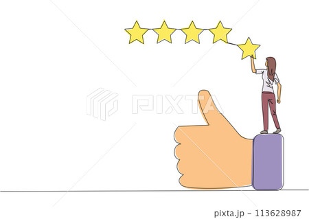 Single continuous line drawing young happy smiling woman standing on the thumbs up wants to attach the stars to form 5 stars in a row. Give review or good feedback. One line design vector illustration 113628987