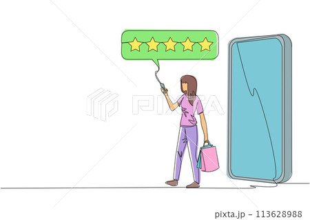 Continuous one line drawing woman comes out of giant smartphone carry shopping bag, the other hand typing smartphone. Online shopping concept. Ecommerce. Single line draw design vector illustration 113628988