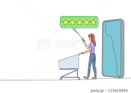 Single one line drawing happy woman walked out of large smartphone while pushing a shopping trolley. 5 stars rating review. E commerce. Review to seller. Continuous line design graphic illustration 113628993