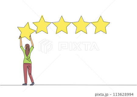Continuous one line drawing woman stood holding up a star with both hands and pasting it up to make 5 stars in a row. Give the best review. Online shop. Single line draw design vector illustration Continuous one line drawing woman stood holding up a star with both hands and pasting it up to make 5 stars in a row. Give the best review. Online shop. Single line draw design vector illustration 113628994