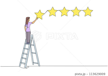Continuous one line drawing young energetic happy woman climbs ladder carry 1 star, making it 5 stars in a row. Give very good recommendation to the seller. Single line draw design vector illustration 113629009
