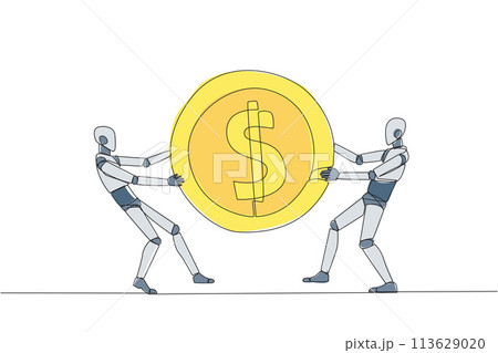 Single one line drawing two angry robot fighting over the dollar sign coin. The last coin used to buy fresh drinks at the vending machine. Attack. Humanoid. Continuous line design graphic illustration Single one line drawing two angry robot fighting over the dollar sign coin. The last coin used to buy fresh drinks at the vending machine. Attack. Humanoid. Continuous line design graphic illustration 113629020