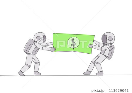 Single continuous line drawing two angry astronaut fighting over banknotes. Fight over the capital provided by the government to selected cosmonauts. Rival. Cosmic. One line design vector illustration 113629041
