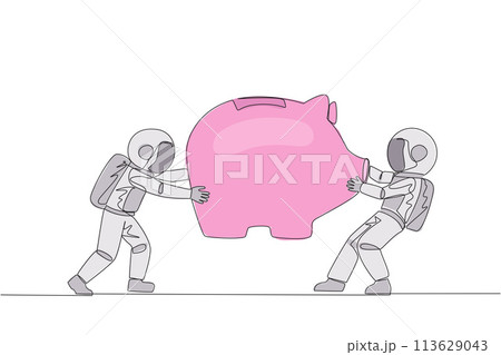 Single one line drawing two selfish astronaut fighting over big piggy bank. Arguing and each other feel entitled. Astronaut versus astronaut. Attack. Space. Continuous line design graphic illustration Single one line drawing two selfish astronaut fighting over big piggy bank. Arguing and each other feel entitled. Astronaut versus astronaut. Attack. Space. Continuous line design graphic illustration 113629043