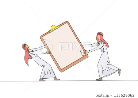 Single one line drawing two angry Arabian businessman fighting over clipboard. Useful to make it easier to check reports. Businessman conflict. Aggressive. Continuous line design graphic illustration 113629062
