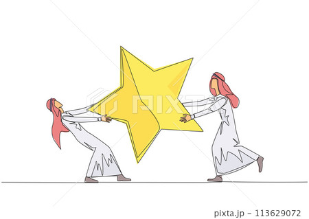 Single continuous line drawing two angry Arabian businessman fighting over the star. Concept of fighting for brilliant employees for the progress of the company. One line design vector illustration 113629072
