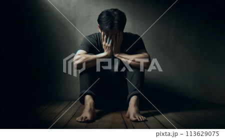 顔を両手で覆って落ち込む男性 113629075