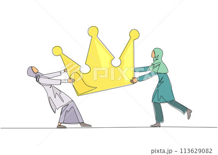 Continuous one line drawing two angry Arabian businesswoman fighting over the crown. Fighting for become the most successful and respected businessman. Conflict. Single line draw vector illustration 113629082