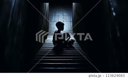 暗い階段の下で座り込む少年のシルエット 113629083