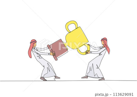 Single continuous line drawing two Arabian businessman fighting over trophy. There are no co-champions. The two entrepreneurs are required to contest ideas again. One line design vector illustration 113629091