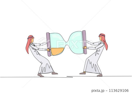 Single continuous line drawing two angry Arabian businessman fighting over hourglass. Ask each other for additional time to send the company profile. Aggressive. One line design vector illustration Single continuous line drawing two angry Arabian businessman fighting over hourglass. Ask each other for additional time to send the company profile. Aggressive. One line design vector illustration 113629106