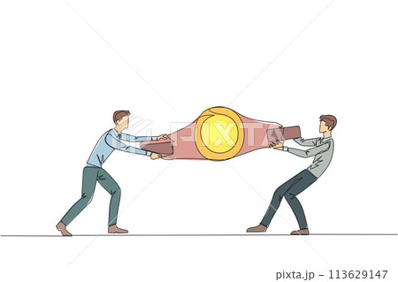 Continuous one line drawing two emotional businessman fighting over boxing belt. Fight for to be the greatest and strongest businessman. Businessman battle. Single line draw design vector illustration 113629147