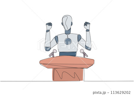 Continuous one line drawing smart robotic speaking at the podium while raising and clenching both hands. Styled like a politician seeking votes. Orator. Single line draw design vector illustration 113629202