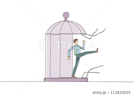 Single one line drawing businessman trapped in cage kick the cage until wrecked. Freedom of expression for the smooth running of business. Distractions. Continuous line design graphic illustration Single one line drawing businessman trapped in cage kick the cage until wrecked. Freedom of expression for the smooth running of business. Distractions. Continuous line design graphic illustration 113629205