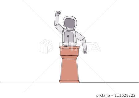 Single continuous line drawing young astronaut speak at the podium by clenching fists at head height. Doing oration. Leadership concept. Burning the spirit. Orator. One line design vector illustration 113629222