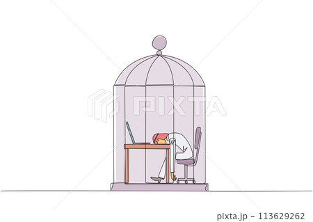 Single one line drawing Arabian businessman trapped in cage asleep on laptop. Tired of repetitive routines. The many deadlines require overtime every day. Continuous line design graphic illustration 113629262
