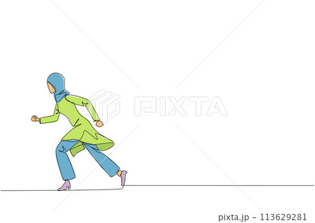 Single continuous line drawing young Arabian businesswoman doing light exercise. Running aims to maintain heart health. Businesswoman with healthy life style. Good mental. One line vector illustration Single continuous line drawing young Arabian businesswoman doing light exercise. Running aims to maintain heart health. Businesswoman with healthy life style. Good mental. One line vector illustration 113629281