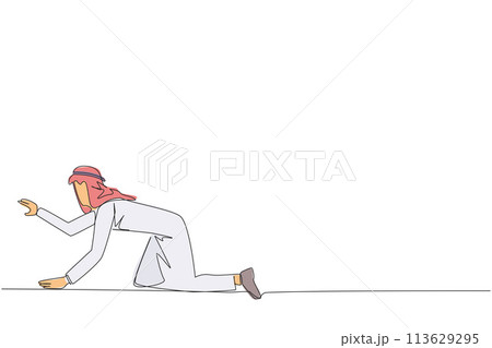 Single one line drawing crawl Arabian businessman. Trying to get up after being attacked by a pandemic. Starting from crawling, walking, then running fast. Continuous line design graphic illustration 113629295
